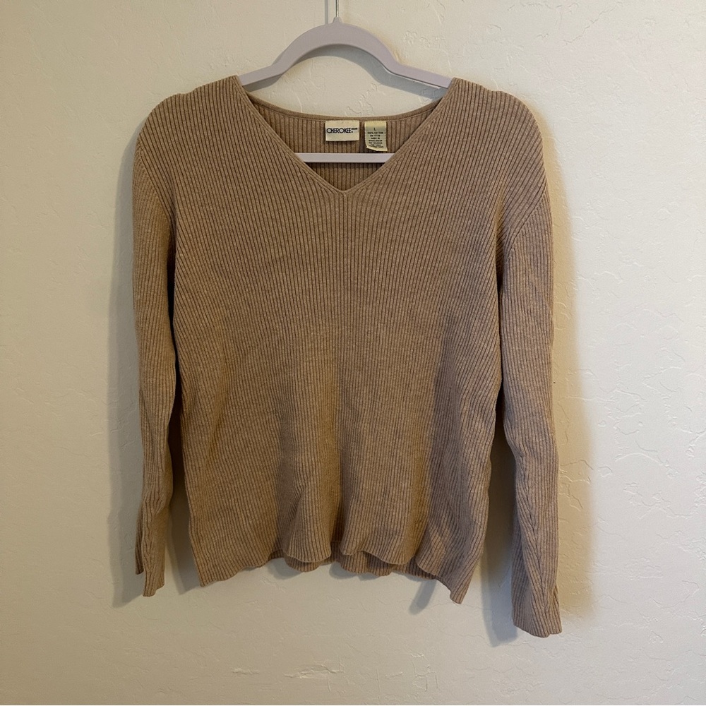 Cherokee 100% Cotton Tan V-Neck Sweater Knit Classic‎ Size Large